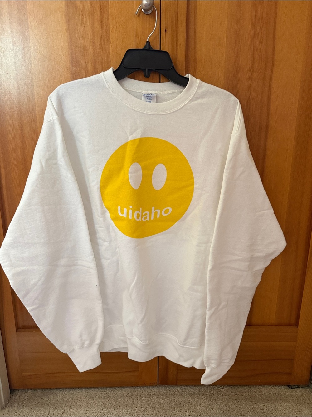 Port and Company White Sweatshirt with Yellow Smiley Graphic